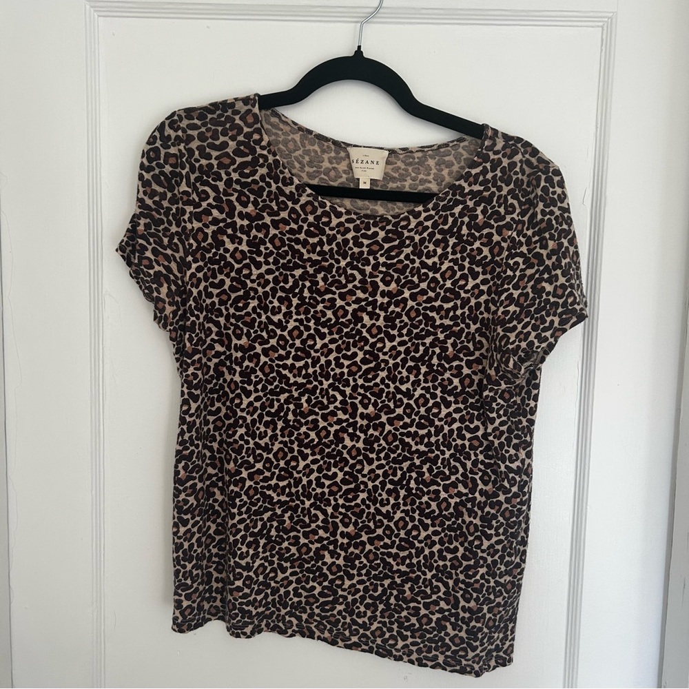 Sezane Brown Leopard-Print Short Sleeve Tee